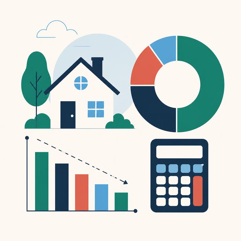 Illustration of a mortgage payment breakdown chart and calculator
