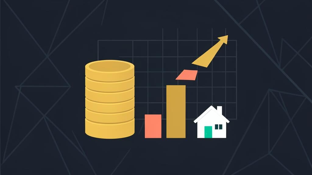 Illustration of a house beside a rising bar chart and coin stack representing mortgage amortization