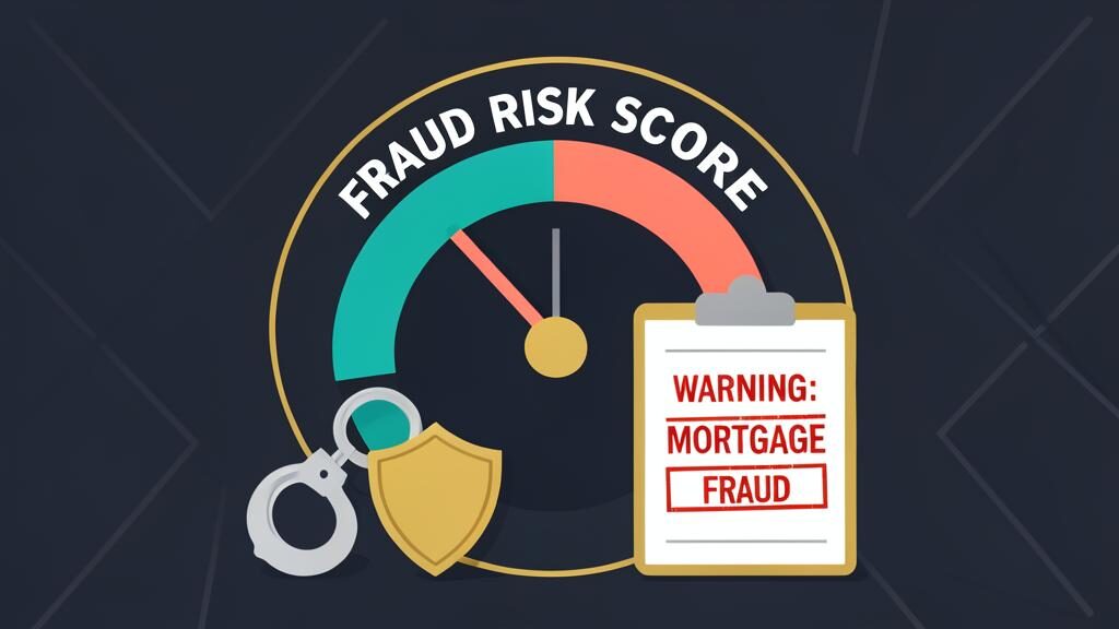 Fraud risk detection gauge with mortgage deed warning stamp and handcuffs