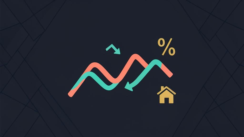 Percentage symbol with house icon and zigzagging line graph with up and down arrows representing variable interest rates