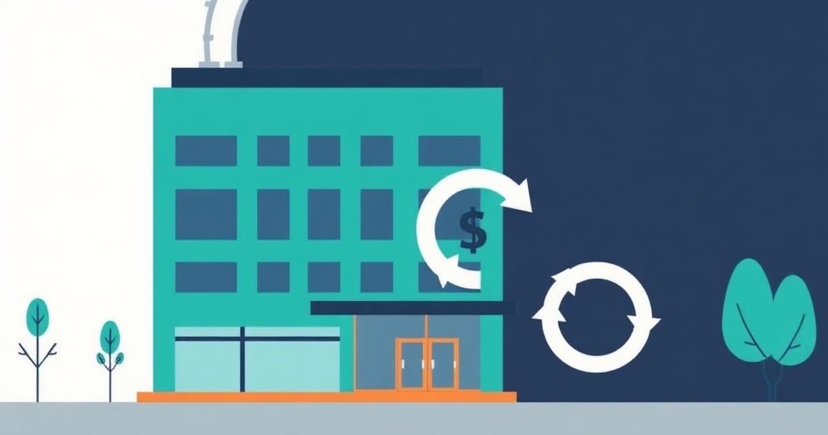 Commercial building with refinancing arrows and dollar signs