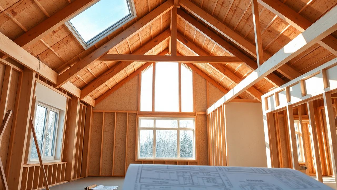 New Canadian home under construction with exposed wood framing, roof trusses, and blueprints in the foreground