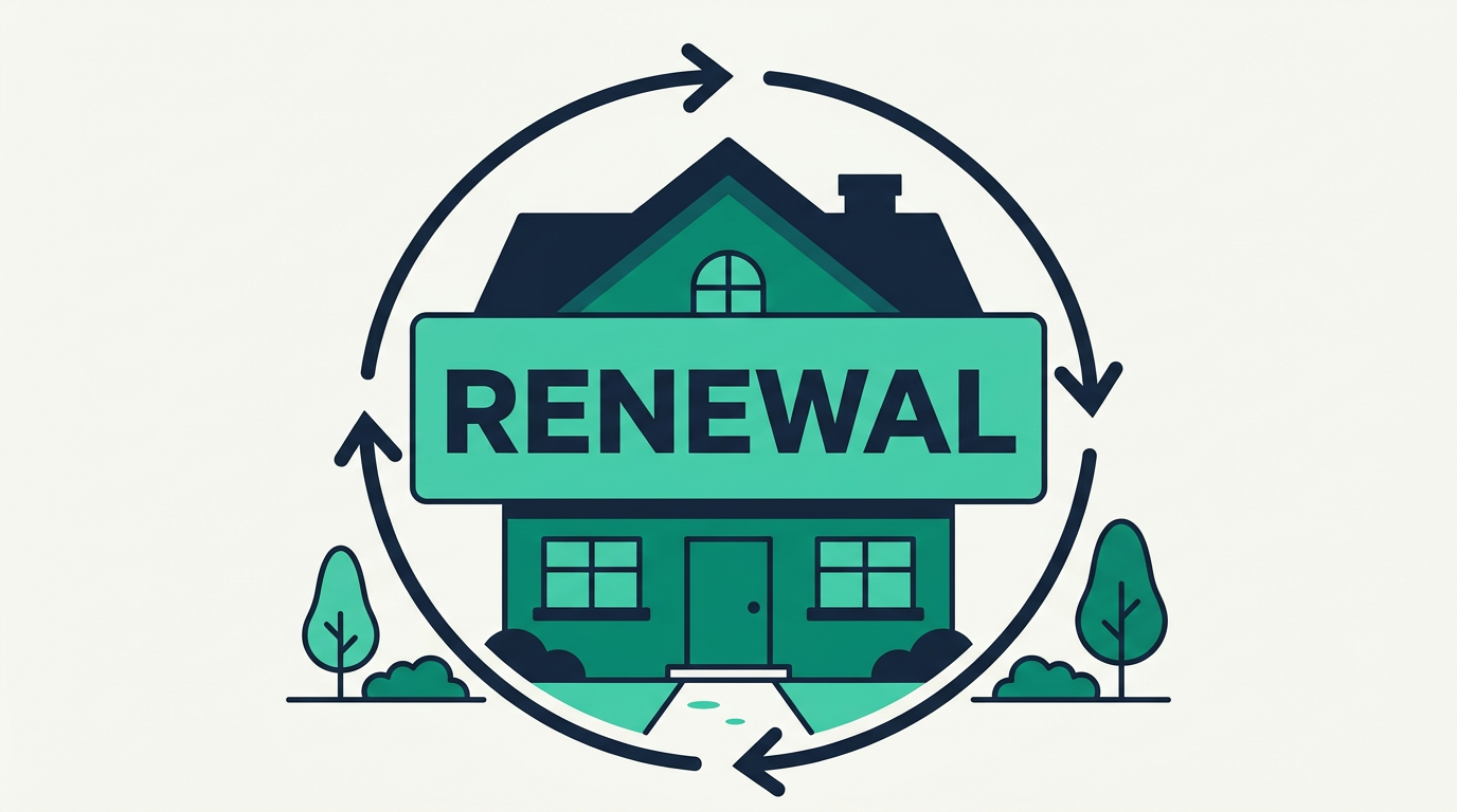 Calendar with house icon and renewal stamp representing mortgage renewal deadline