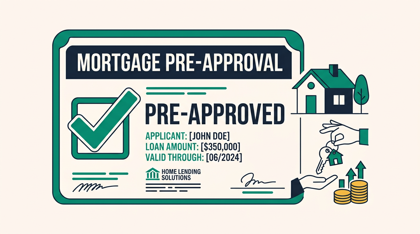 Mortgage document with approval stamp and house representing pre-approval in Canada